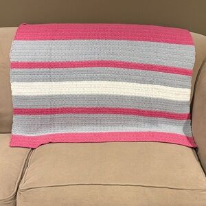 Cozy Striped Knit Homemade Throw Blanket Pink, Gray,White 36 inches long 33wide
